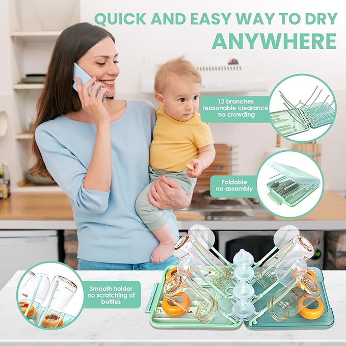 Rrwin Bottle Brush Cleaner Kit with Baby Bottle Drying Rack Exendable Silicone Bottle Brush Nipple Brush Straw Brush Soap Dispenser &amp Storage Box. Compact Size for Babies and MomsGreen