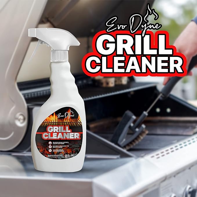 Evo Dyne Grill Cleaner Spray (32 oz) Made in USA - Quickly Cleans BBQ Burnt-on Foods and Grease from Grill Grates - Heavy Duty Fast-Acting Formula Less Scrubbing - Food Safe Grill &amp Oven Degrea