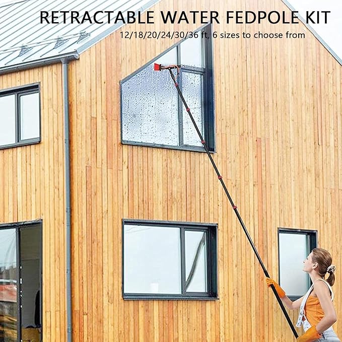 Water Fed Pole Kit Adjustable Window Cleaning Pole 180° Rotatable Brush Head Telescopic Cleaning Brush for Outdoor Window Glass Solar Panel6m/19.7ft