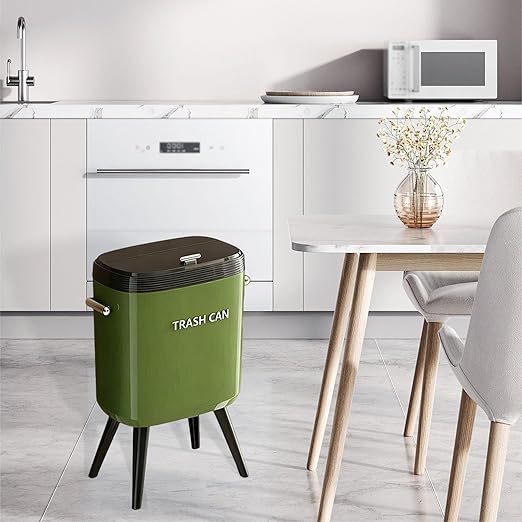 Garbage Can with Legs Dustbin High Foot 15L Large Capacity Household No Bending Wastebasket for Office Bedroom Kitchen Toilet Green