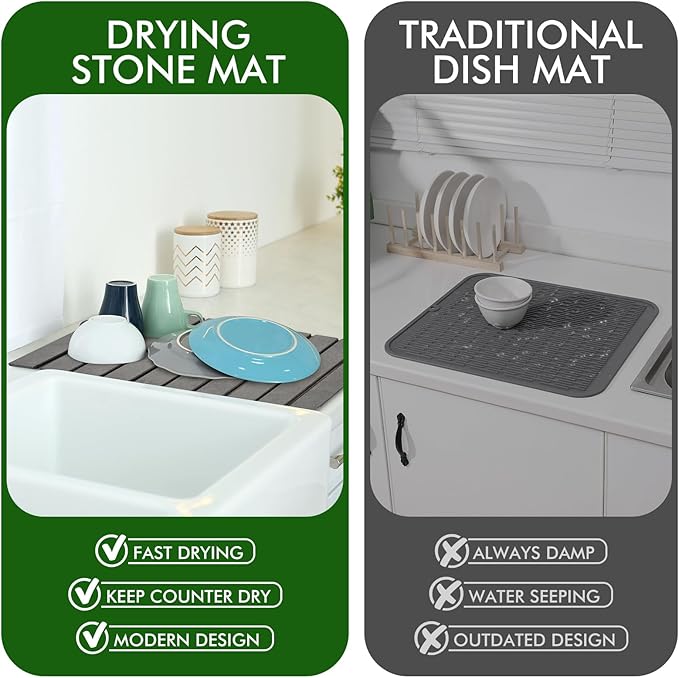 Stone Dish Drying Mat for Kitchen CounterLarge Dark Gray Foldable Diatomaceous Earth Dish Drying MatQuick-Dry Absorbent Bath &amp Countertop Stone Dishes Mats for Dishes Bottles Cups 23x15.3
