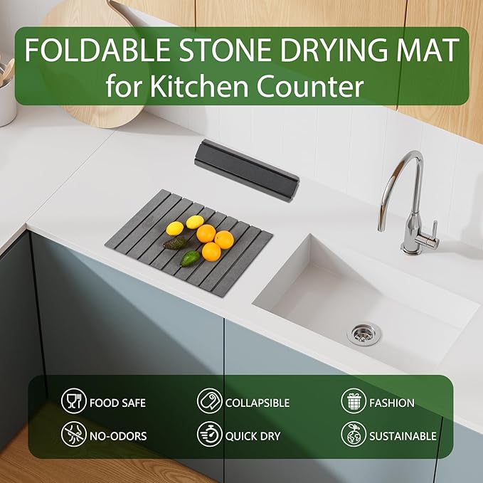 Stone Dish Drying Mat for Kitchen CounterLarge Dark Gray Foldable Diatomaceous Earth Dish Drying MatQuick-Dry Absorbent Bath &amp Countertop Stone Dishes Mats for Dishes Bottles Cups 23x15.3