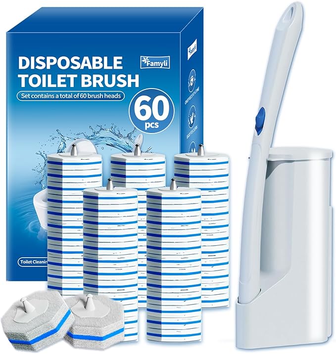 Disposable Toilet Brush Set with 60 Replacement Heads Toilet Cleaning Replacement Pads Starter Kit with Storage Case for Deep Cleaning and Hygienic Bathroom Maintenance