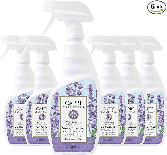 CAPRI ESSENTIALS All Purpose Cleaner Natural Household Cleaning Supplies Plant Based Kitchen Counter Surface Spray Removes Dirt &amp Grime Blend of Essential Oils White Lavender 23 FL Oz (6 Pac