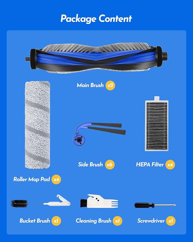 X11 OmniCyclone Accessories Kit for Ecovacs Deebot X11 OmniCyclone/X11 Pro Omni/T80S Omni/Yeedi S16 Plus Robot Vacuum Deebot x11 Replacement Parts:2 Main Brush 4 Roller Mop 6 Side Brush 4 Filter
