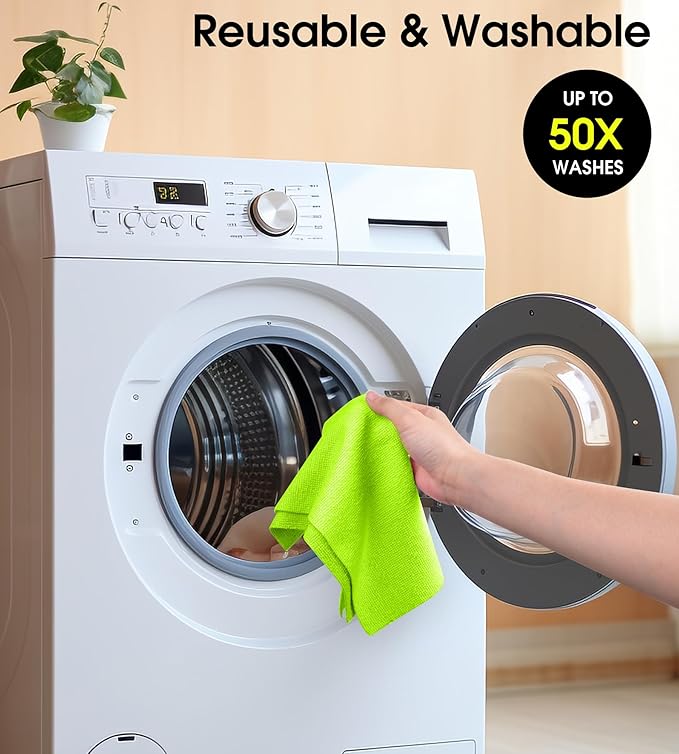 KitchLife Microfiber Cleaning Cloth Roll 100 Pack - Tear-Away Microfiber Paper Towels Lint-Free Reusable Washable for Kitchen Car Dishes and Sensitive Surfaces (Neon Green)