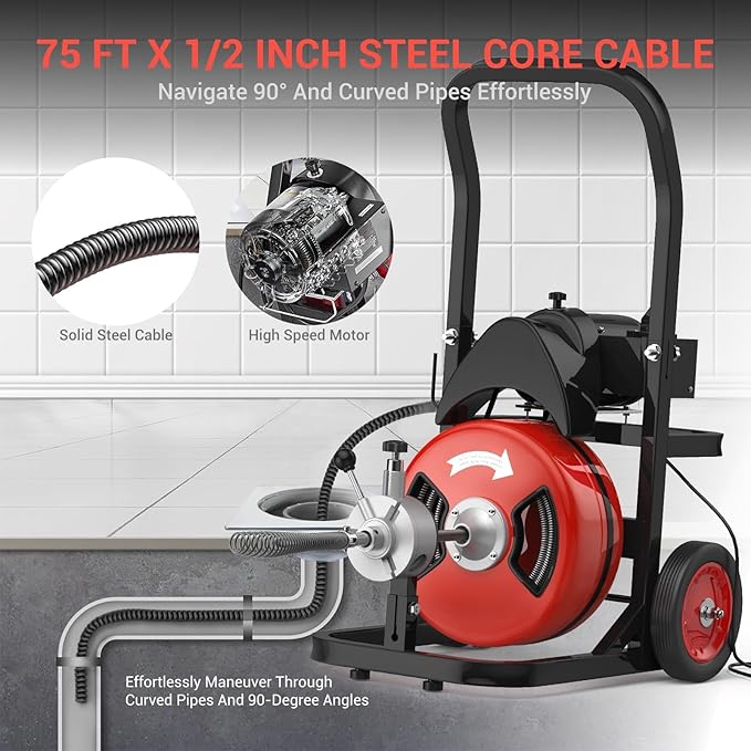 75Ft Drain Cleaning Machine 450w Portable Drain Auger with Wheels 1/2 Auto-Feed Drain Snake with 4 Cutters Electric Sewer Auger for Sink Toilet Floor Drain