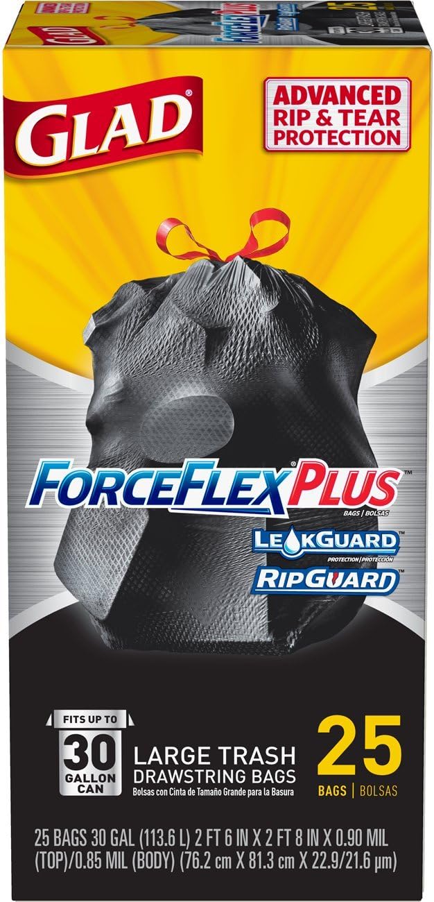 Glad Trash Bags Large Drawstring Garbage Bags‚ ForceFlexPlus 30 Gallon Black Trash Bag - 25 Count Each (Pack of 6)