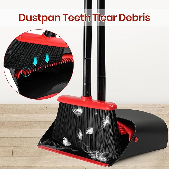 TreeLen Dust Pan and Broom/Dustpan Cleans Broom Combo with 52 Long Handle for Home Kitchen Room Office Lobby Floor Use Upright Stand Up Broom and Dustpan Set - Black/Red