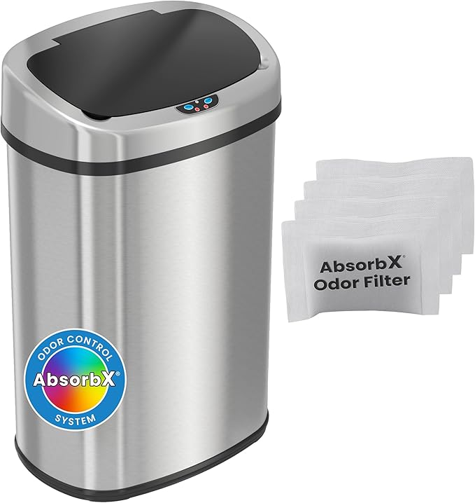 iTouchless Automatic Oval Trash Can with 4 Odor Filters Big Lid Opening Touchless Sensor Kitchen Trash Bin 13 Gallon Stainless Steel