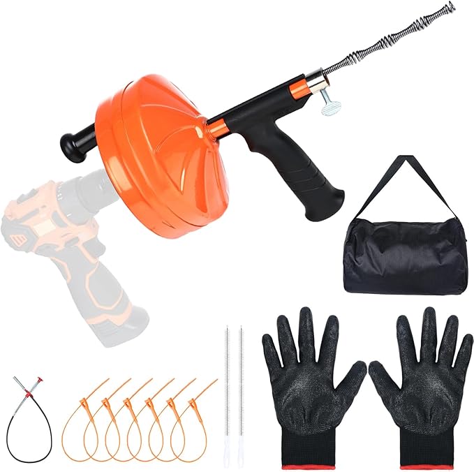 50 Ft Drain AugerUse Manually or Drill Powered 50 Foot Drain SnakeHeavy Duty Flexible Plumbing SnakeWith Gloves and Storage Bag for Kitchen Sink Shower Drain (50FT Orange)