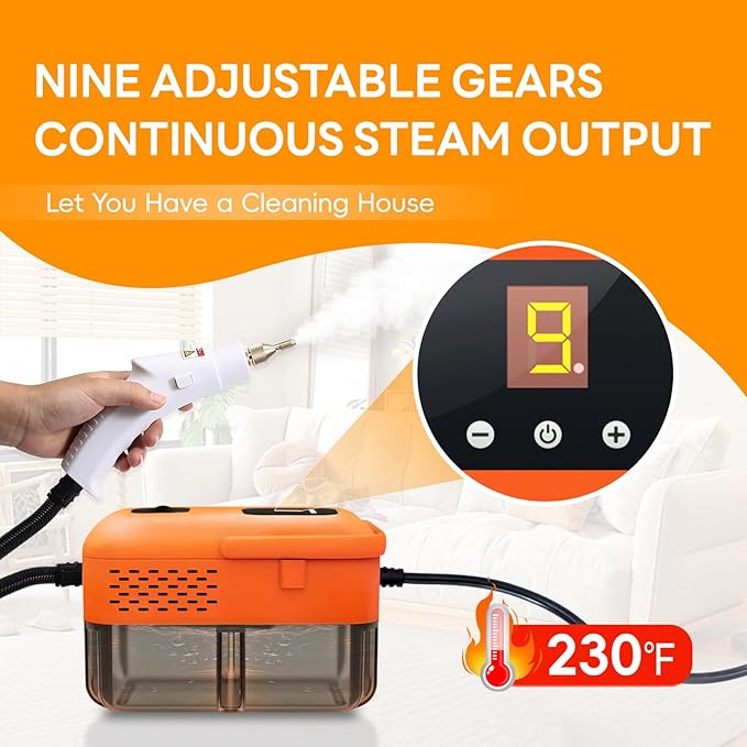 Heavy Duty Handheld Steam Cleaner 15s Heat-Up 9-Level Adjustable 2500W Pressurized Steamer for Cleaning with 14 Accessories Multipurpose Portable Steam Cleanr for Home Car Grease Grout（Orange）
