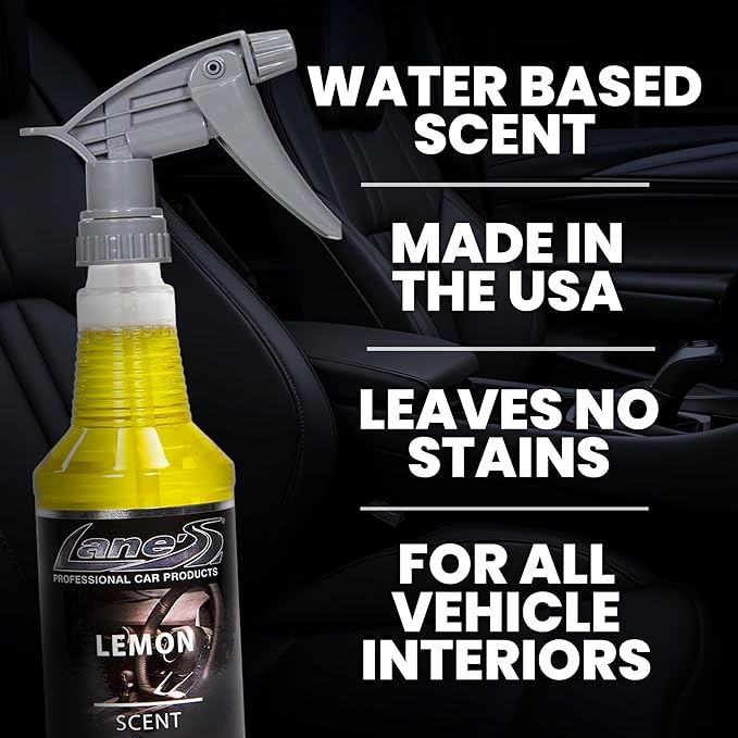 Lane's Premium Car Air Fresheners - Lemon Scent Water Based - 32oz Odor Neutralizer For Pet &amp Food From Car Interior Leather Carpet Upholstery Great For Cars Trucks SUVs RVs &amp More