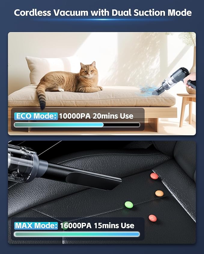Car Vacuum Cleaner&ampAir Duster | 80W | 16kpa | 12KRPM | 20 Mins-Dust Cleaner Portable Cordless Vacuum Pro-Compressed Air BlowerLightweight Rechargeable Handheld Mini Vacuum for Car/Home/Office