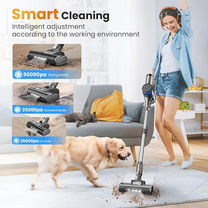 Dzaki S9X Vacuum Cleaners for Home400W 50KPa Cordless Stick Vacuum CleanerUp to 55 Mins RuntimeSmart Induction Auto-AdjustmentRechargeable Battery Vacuum Cordless for Carpet Floor Pet Hair(Gray)