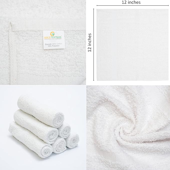 GOLD TEXTILES 48 Pack Economy White Washcloths Set (12x12 inches) - Cotton Blend Commercial Grade Cleaning Rags Quick Drying &amp Soft Face Cloths Fingertip Towels for Bathroom Spa Gym and Kitch