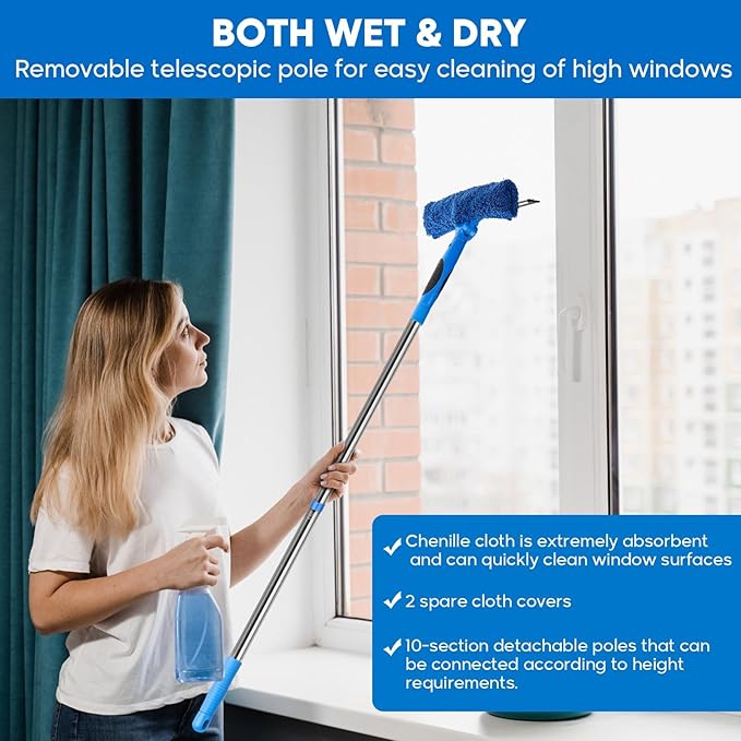 Window Squeegee 2-in-1 Window Cleaner with Removable Extension Poles 177'' Window Washing Kit Glass Door Cleaner Multi-Use Car Windshield Cleaning Tool with 1 Blade 3 Scrubber for High Outdoor Window