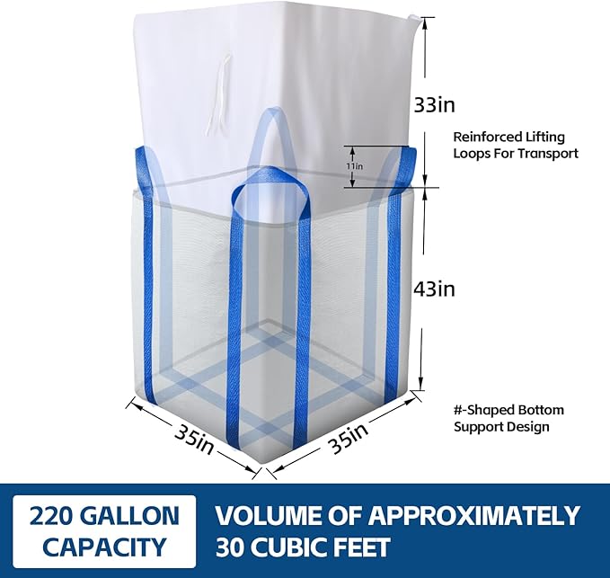 5 Packs FIBC Bulk BagsHolds up to 4400 lbs Construction Bags Heavy Duty210-Gallon Woven Polypropylene Dumpster Bag for Industry Agriculture and ConstructionSealable Top