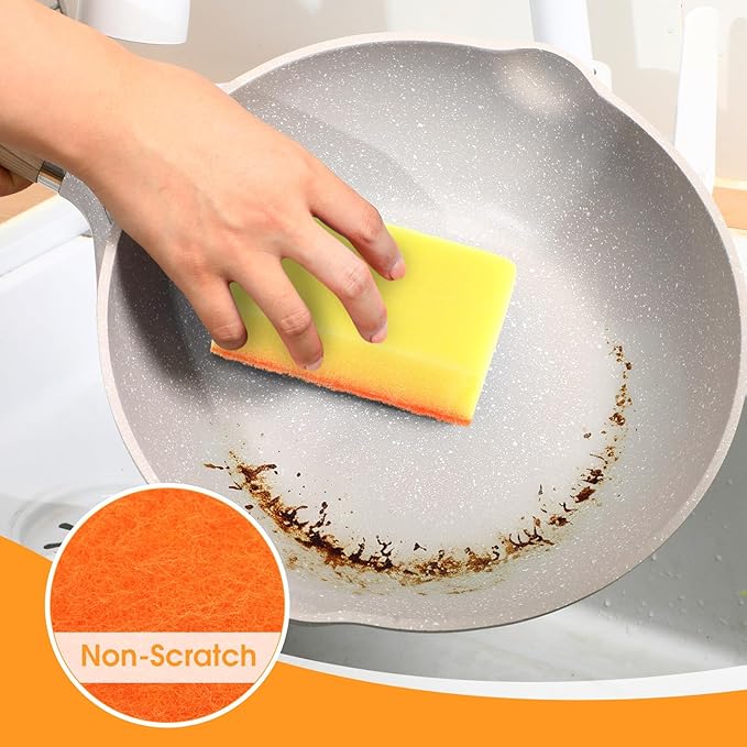 Tioncy 100 Pcs Individually Wrapped Sponges Bulk Kitchen Orange Non Scratch Scrub Sponges Dual Sided Cleaning Scrubber for Household Washing Dishes Pots Pans Sinks Stoves Appliances Car Bike