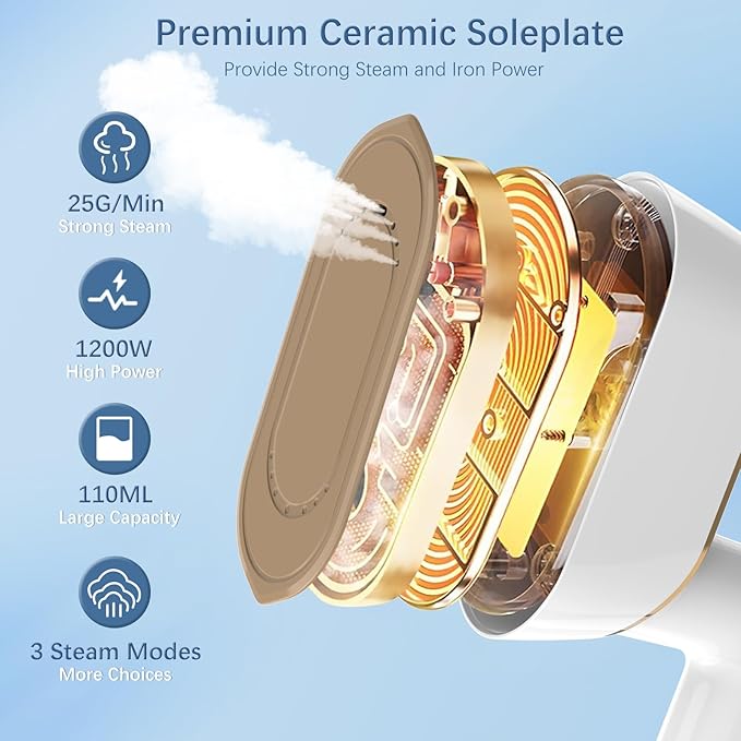 Portable Travel Steamer Iron for Clothes with LCD Display - 4 Mode Handheld Mini Clothing Steam Iron 1200W Small Garment Steamer Hand Held Fabric Steamer for Home Dorm Travel (120V ONLY)(White)