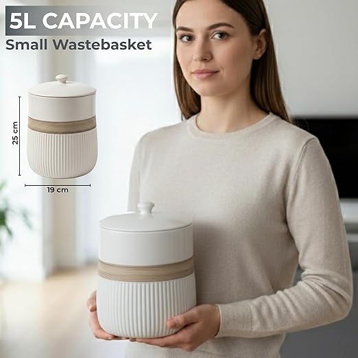 Escenzy Luxury White Bathroom Trash Can with Lid 5L | 7 x 10 | Modern Ceramic Trash Can | Decorative Waste Basket for Bathroom Bedroom Kitchen Hotels or Living Room Decor | Ideal Gift