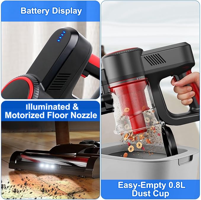 Cordless Vacuum Cleaner with Bendable Wand 100W 12Kpa Powerful Lightweight Stick Vacuum 12000mAh Rechargeable Handheld Vacuum Cleaners Anti-Tangled for Home Pet Hair Hardwood Carpets