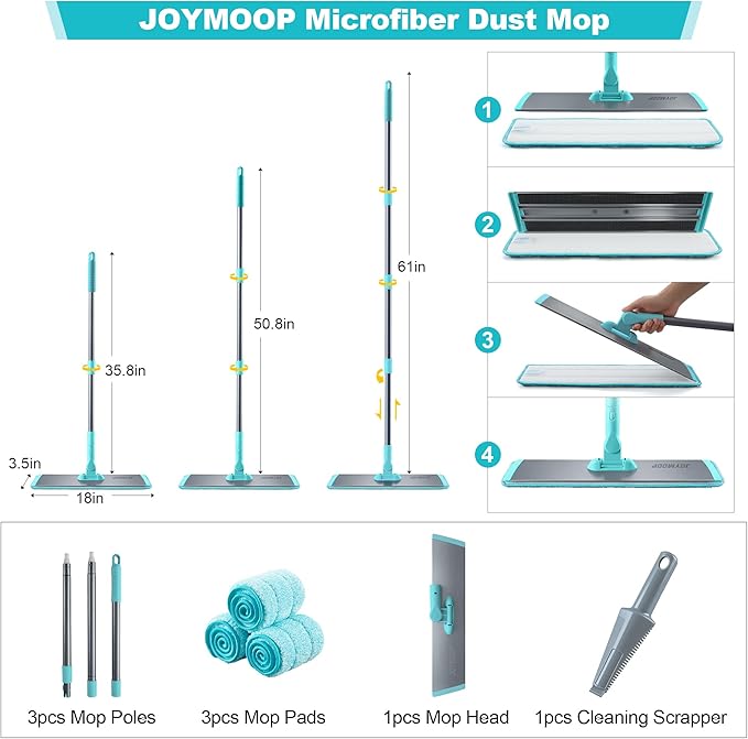 JOYMOOP 18 Inch Dust Mop for Hardwood Floors Heavy Duty Industrial Wet Dry Mops with Telescopic Handle Includes 3 Microfiber Mop Pads - Blue-Grey