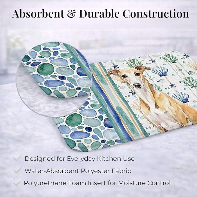 Caroline's Treasures Fawn Whippet Coastal Sea Glass Dish Drying Mat Absorbent Dish Drying Mat Pad for Kitchen Counter Dish Drainer Mat for Countertop 14 x 21 Multicolor
