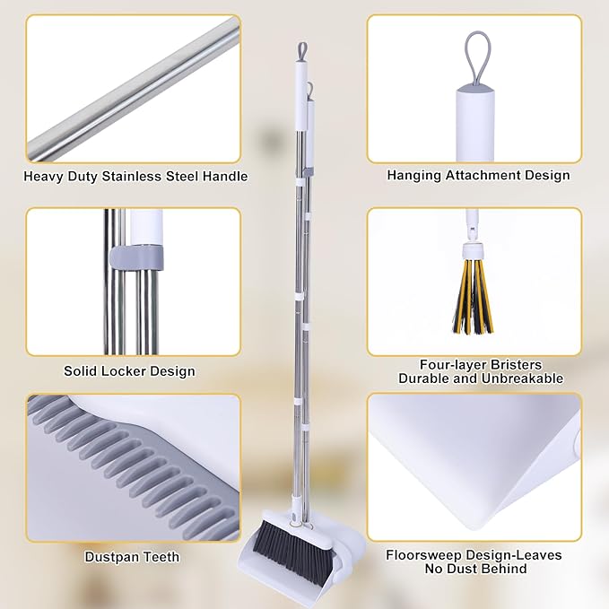Heavy Duty Broom and Standing Dustpan Combo Set Rotatable Head Dust Pan and Brush Set with Collapsible Handle Cleaning Teeth Hanging Loop Ideal for Pets RV Kitchen Camping Outdoor Floor White