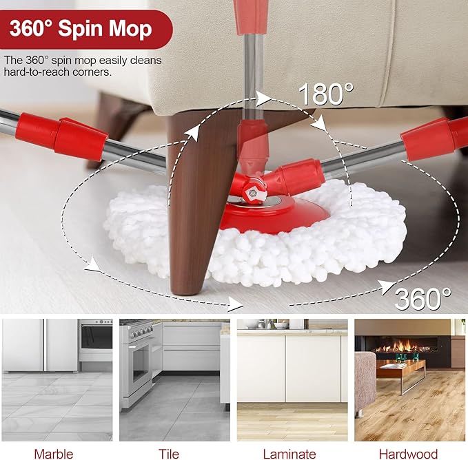 Spin Mop and Bucket with Wringer Set 360° Spinning Mop Bucket System with 3 Microfiber Mop Replacement Heads and 61 Stainless Steel Adjustable Handle for Floor Cleaning (20QT)