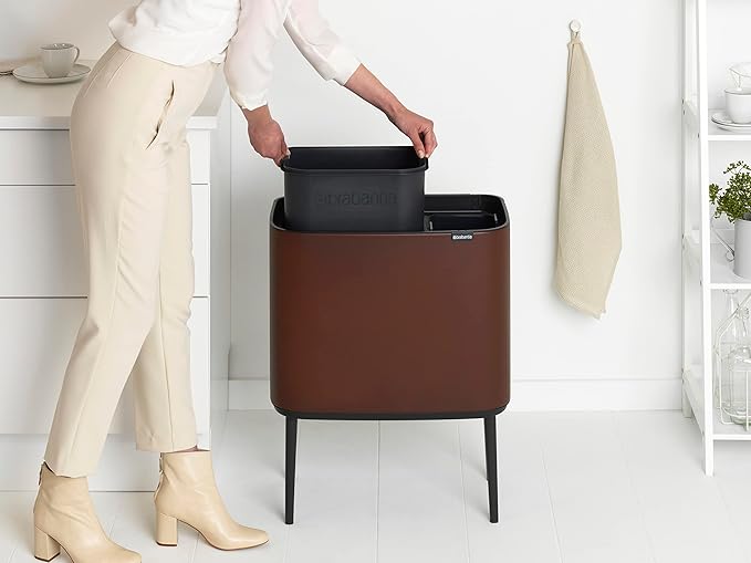 Brabantia Bo Touch Bin - 11 + 23L Inner Buckets (Mineral Cosy Brown) Waste/Recycling Kitchen Bin - Soft-Touch
