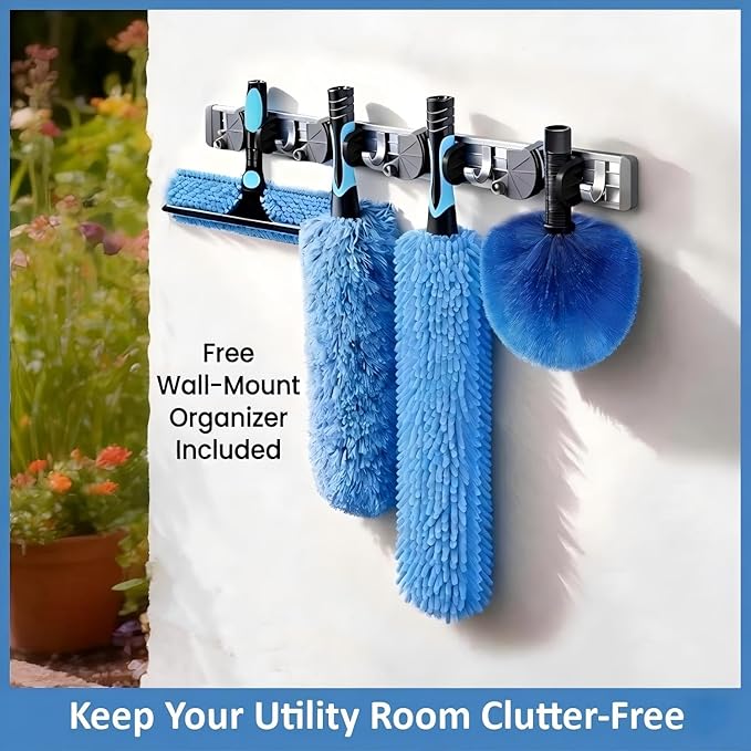 36ft High Ceiling Duster Kits with 5-30ft Heavy Duty Extension Pole - Fan Blade Cleaner Cobweb Remover &amp Blue Window Squeegee Kit Washable Dust Brush for High Roof and Glass Surfaces