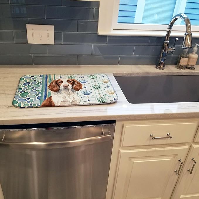 Caroline's Treasures Liver and White English Springer Spaniel Coastal Sea Glass Dish Drying Mat Absorbent Dish Drying Mat Pad for Kitchen Counter Dish Drainer Mat for Countertop 14 x 21 Multicolor