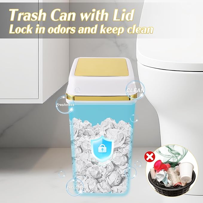 3 Pack Bathroom Trash Can with Lid 4 Gallon Small Trash Can with Swing Lid White and Gold Bathroom Garbage Can with 225 Counts Trash Bags for Kitchen Bedroom Office