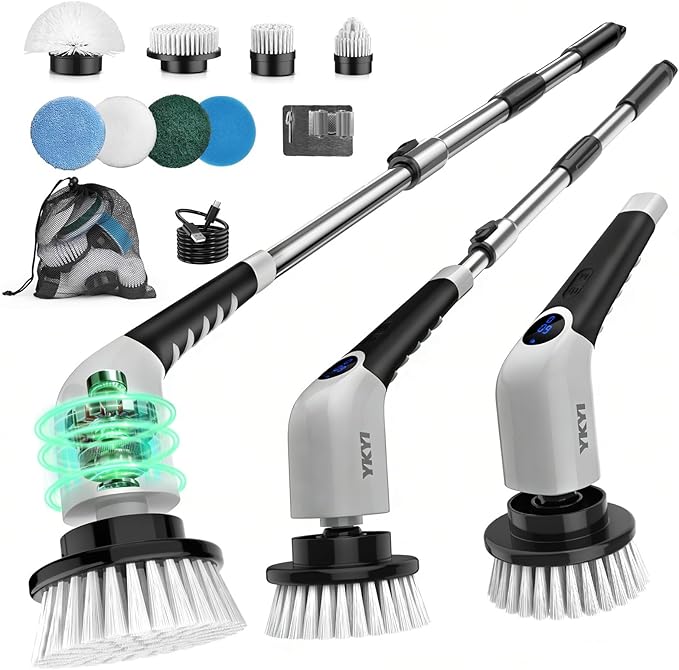 YKYI Electric Spin Scrubber-Cordless Power Scrubber with 8 Brush Heads 3 Speeds &amp Adjustable Long Handle IPX7 Waterproof Shower Cleaning Brush for Bathroom Tile Bathtub Grout Kitchen(Gray)