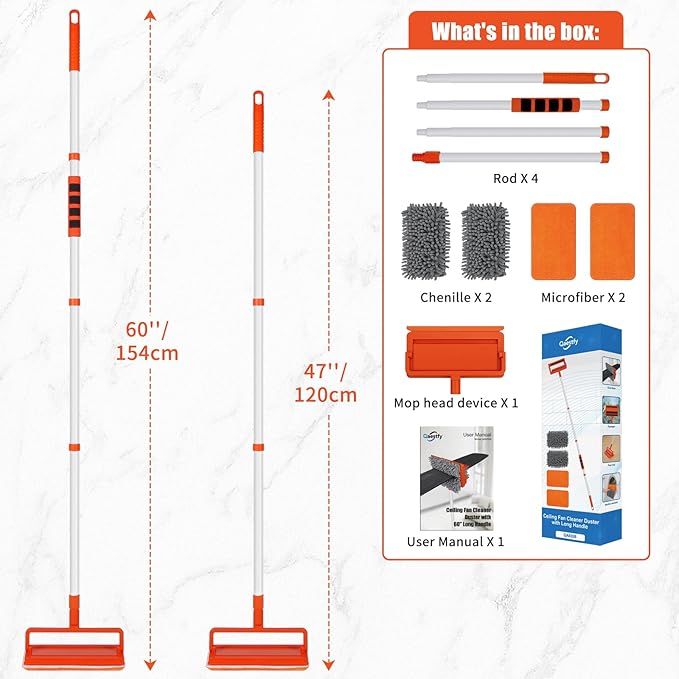 Qaestfy Ceiling Fan Cleaner Duster with 62.5‘’ Extendable Long Handle Ceiling Fan Blade Cleaning Tool Reusable Chenille &amp Microfiber Mop Head for Dusting Ceiling Fan Baseboard Wall Floor