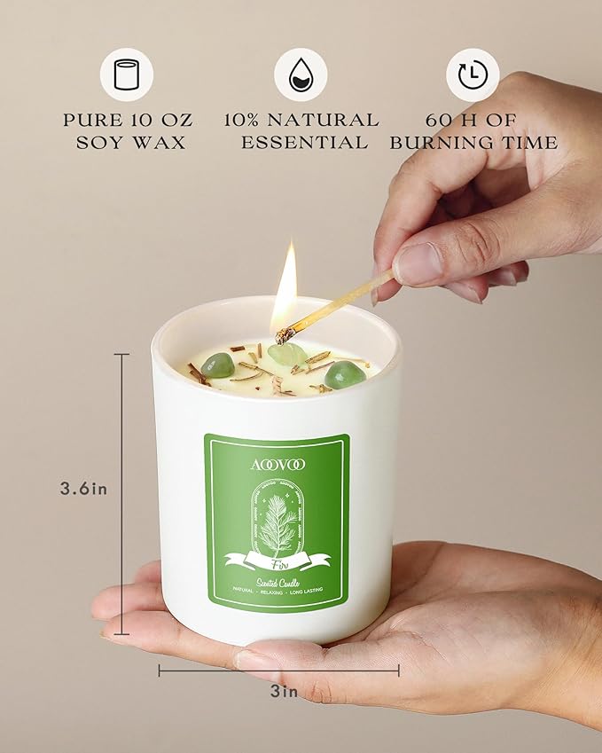 AOOVOO Fir Scented Candles for Women - Aromatherapy Candle with Crystals Inside 10oz Soy Candles for Home Scented Birthday Gifts Valentines Day Candle for Women Mom