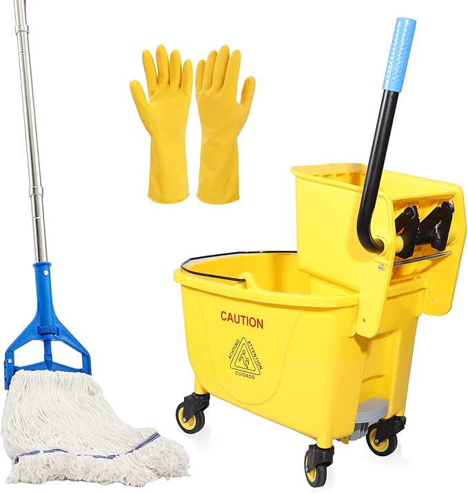35QT Side-Press Mop Bucket and Wringer Combo on Wheels YellowIncluding One Heavy Duty Industrial Mop and One Set Large Rubber Cleaning Gloves