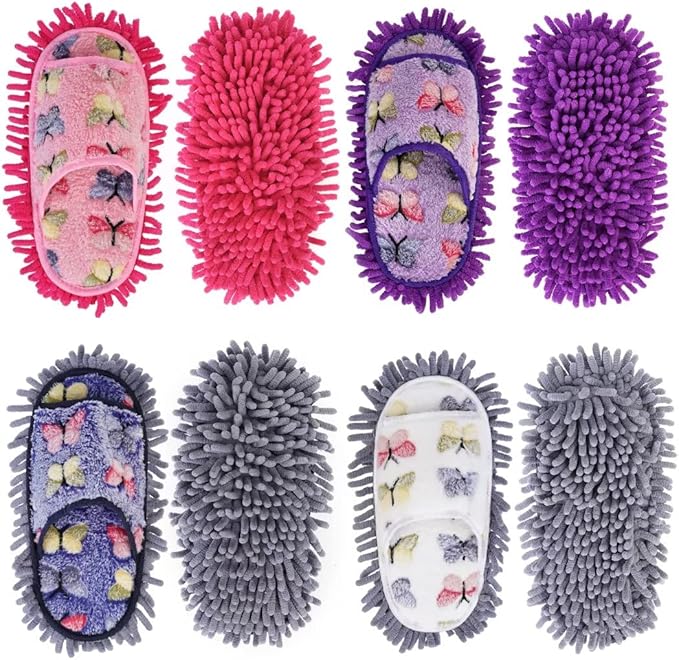 handrong Mop Slippers 4 Pairs of Dusting Slipper Butterfly Microfiber Mopping Slippers Mop Shoes Cleaning Slipper for Men Women Floor Cleaning Washable