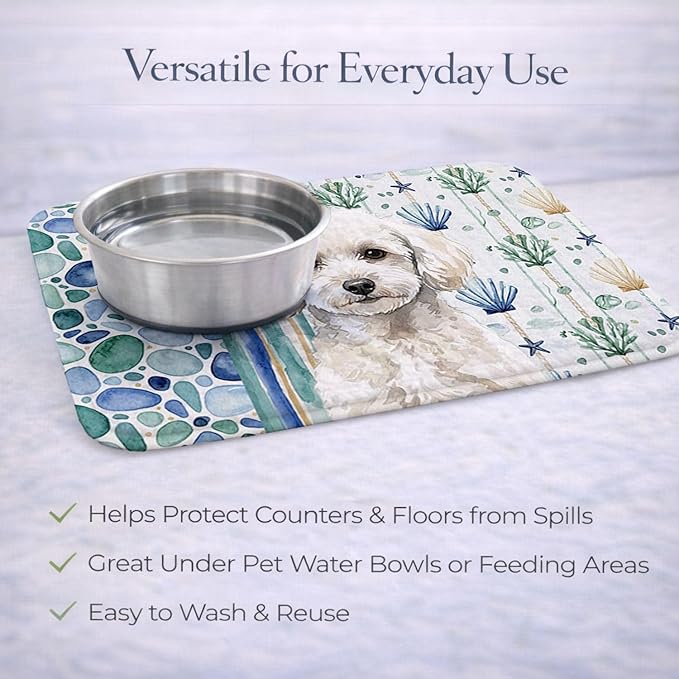 Caroline's Treasures Toy White Poodle Coastal Sea Glass Dish Drying Mat Absorbent Dish Drying Mat Pad for Kitchen Counter Dish Drainer Mat for Countertop 14 x 21 Multicolor