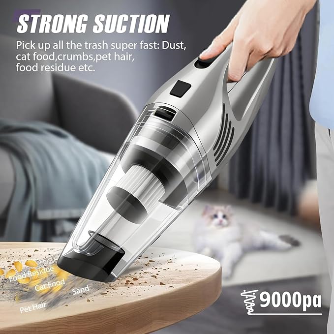 Car Vacuum Portable Cordless – 9000PA Strong Suction Lightweight &amp Rechargeable – Includes Multi-Nozzle Attachments for Car Home Office and Pet Hair – Compact &amp Powerful Grey Vacuum