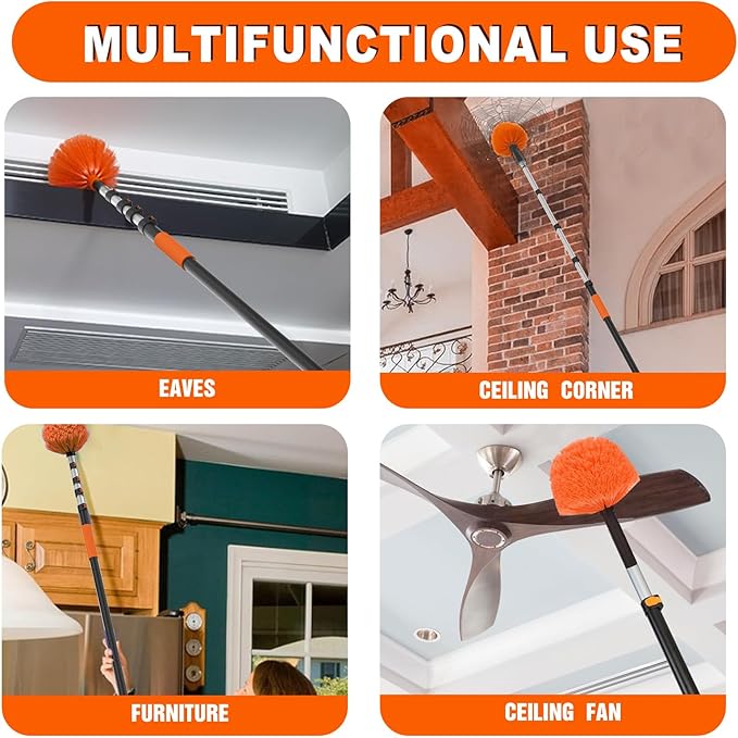 20FT Reach Cobweb Duster with Extension Pole High Ceiling Long Duster with 3-12FT Telescoping Pole Spider Web Brush for Indoor Outdoor Use