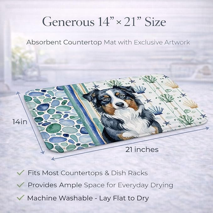 Caroline's Treasures Black Australian Shepherd Coastal Sea Glass Dish Drying Mat Absorbent Dish Drying Mat Pad for Kitchen Counter Dish Drainer Mat for Countertop 14 x 21 Multicolor