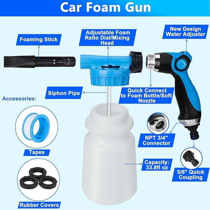 THINKWORK Car Wash Kit Car Detailing Kit with Foam Gun Car Wash Brush Mop and Large Folding Bucket Suitable for Car Cleaning Blue Car Wash Set Gift for Men and Women