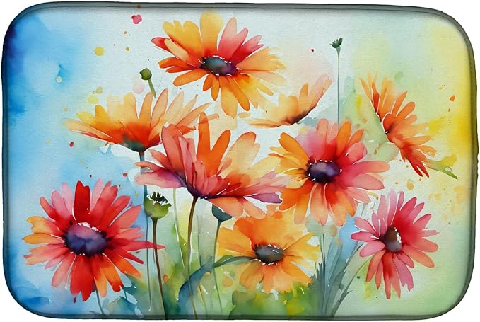 Caroline's Treasures DAC1573DDM Gerbera Daisies in Watercolor Dish Drying Mat Absorbent Dish Drying Mat Pad for Kitchen Counter Dish Drainer Mat for Countertop 14 x 21 Multicolor