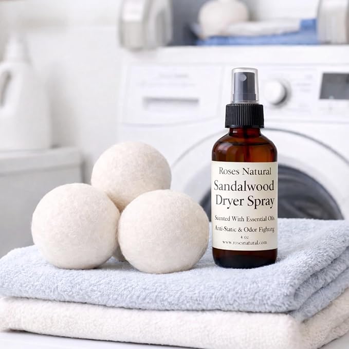 Wool Dryer Balls &amp Dryer Spray Bundle – 3 Reusable Dryer Balls + Plant-Based Essential Oil Dryer Spray Natural Fabric Freshener Anti-Static &amp Odor Fighting (Sandalwood)