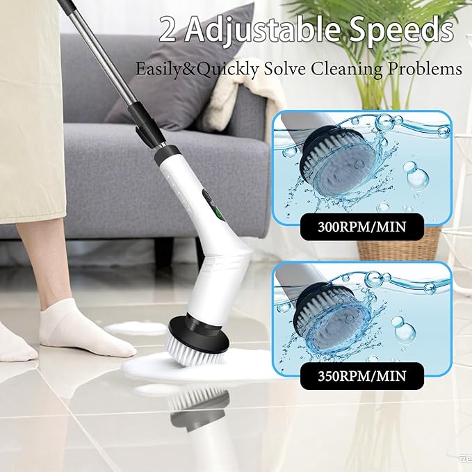 Spin Scrubber9-In-1Multifunctional Cleaning Brush with Detachable Handle9 Replaceable Brush Heads&ampLCD DisplayRechargeable Electric Spin Scrubber for BedroomBathroomKitchenCar