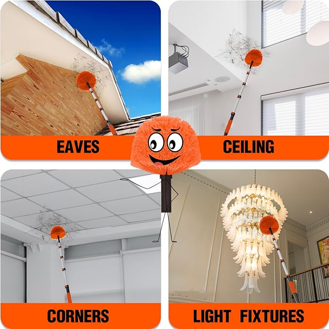 15FT Reach Cobweb Duster with Extension Pole - Spider Web Brush for Cleaning with 3-12FT 4-Section Flip-Lock Telescopic Pole Effortlessly Cleans High Indoor &amp Outdoor Webs