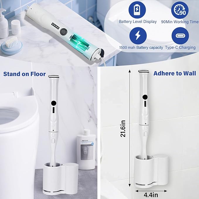 Electric Toilet Brush Scrubber and Holder SetElectric Toilet Bowl Cleaning Kit with 8 Disposable Refill HeadsHard Nylon Brush and Soft Silicone Brush