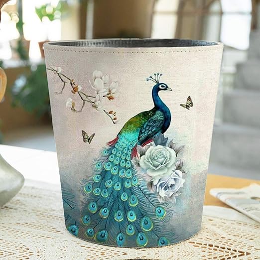 10L/2.64 Gallon PU Leather Trash Can Peacock Decorative Waterproof Wastebasket Paper Basket Garbage Bin for Home Office Bathroom Peacock Pattern